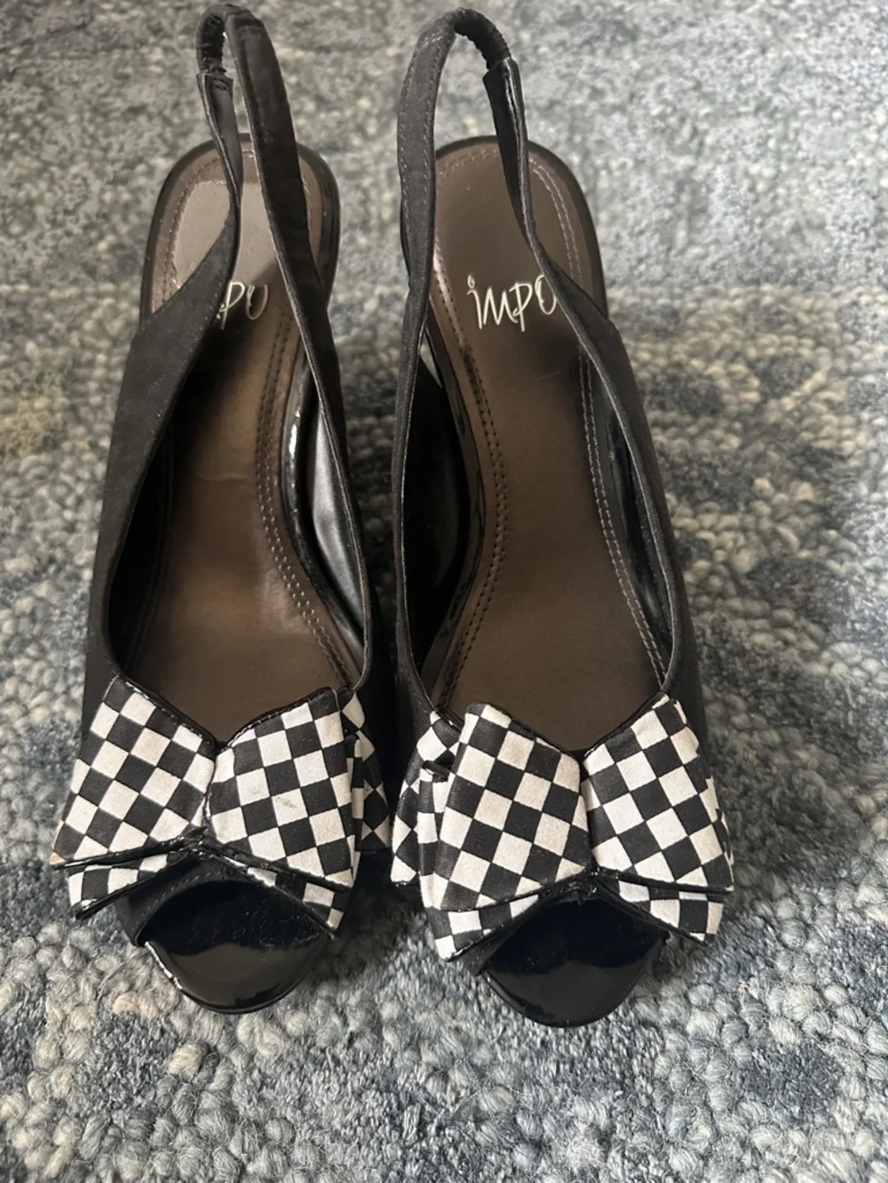 Impo Peep Toe Slingback Wedge Heels Black Checkered Bow Accent